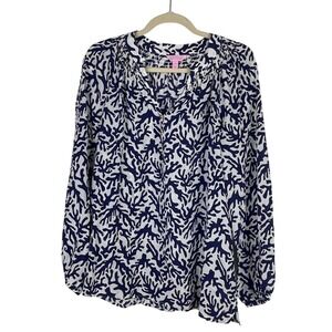 Lilly Pulitzer 100% Silk Button Popover Blouse Top Abstract Artsy Blue Size M